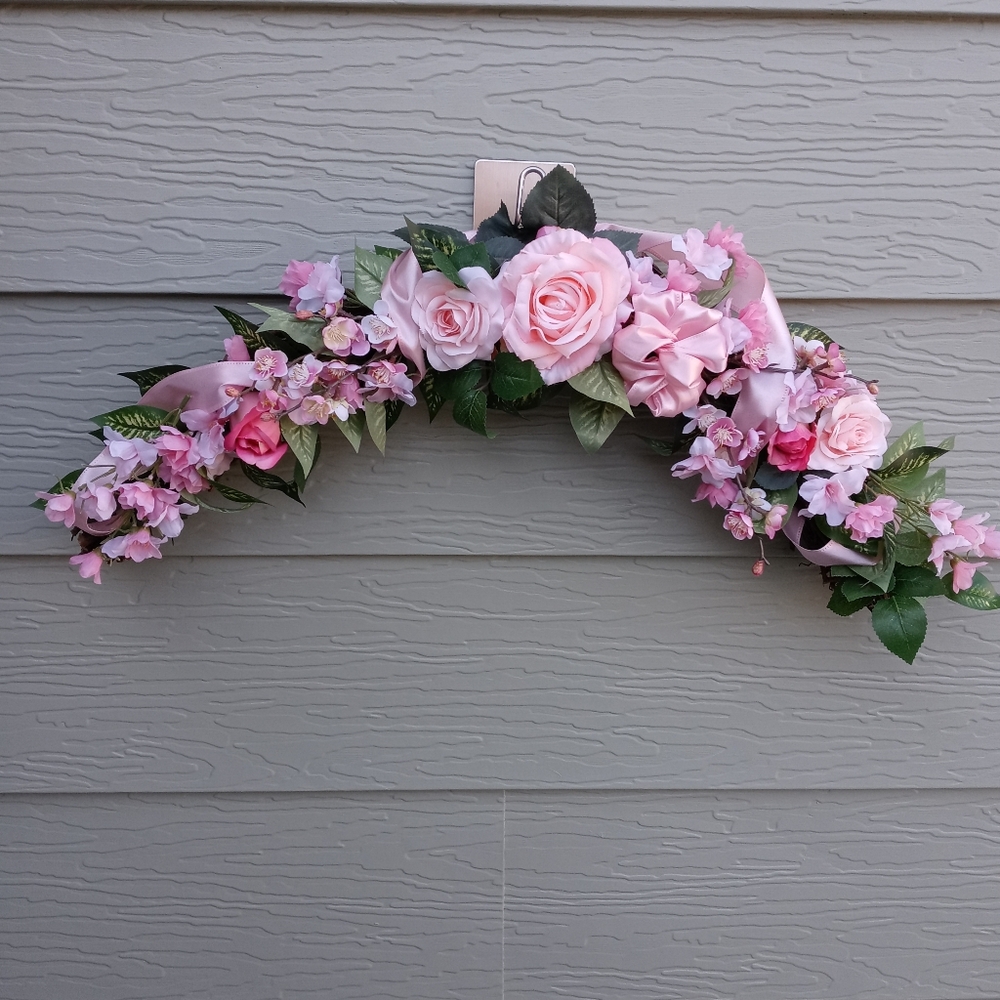 Handcrafted Floral Swag Wreath Rose Ribbon Greenery Wall Door Hanging - Picture 3 of 6